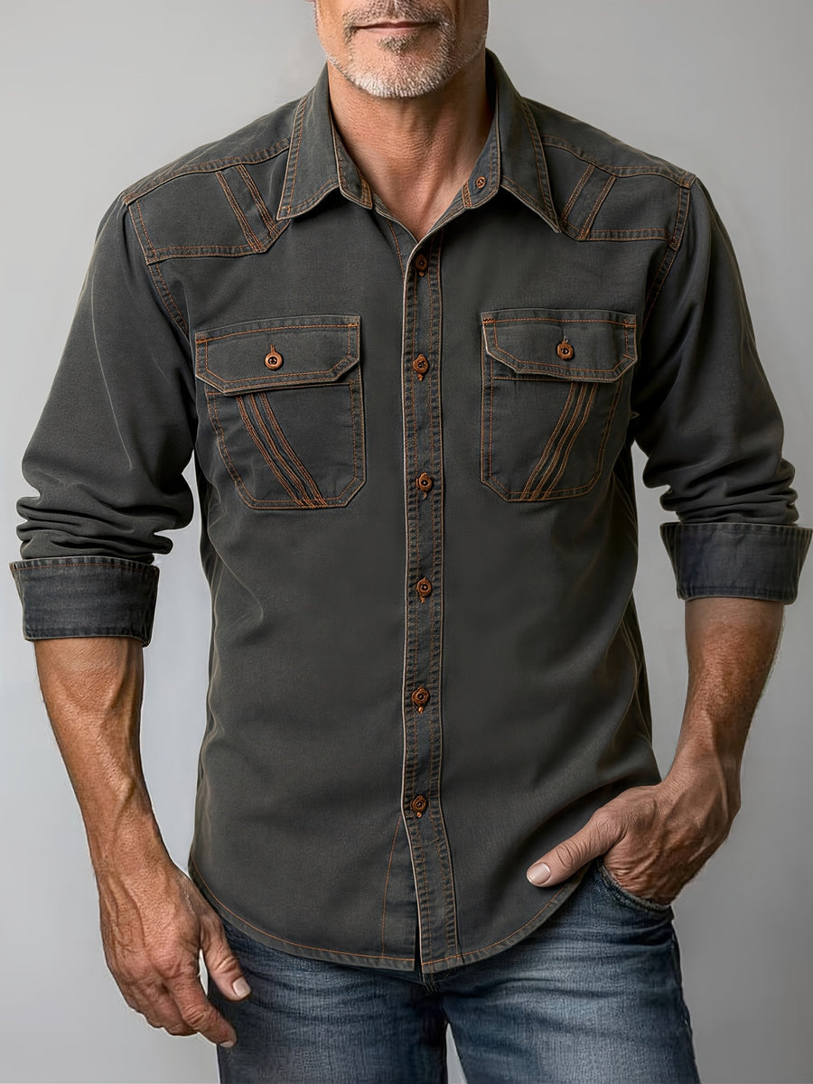 Autumn Men's Vintage Distressed Dark Gray Denim Shirt, Hand-Washed Denim Shirt, Double-Pocket Lapel Black Denim Shirt with Long Sleeves, American Workwear Style with Double Patched Pockets and Topstitching, Long-Sleeve Casual Spring/Autumn Commuter - Graphite Color