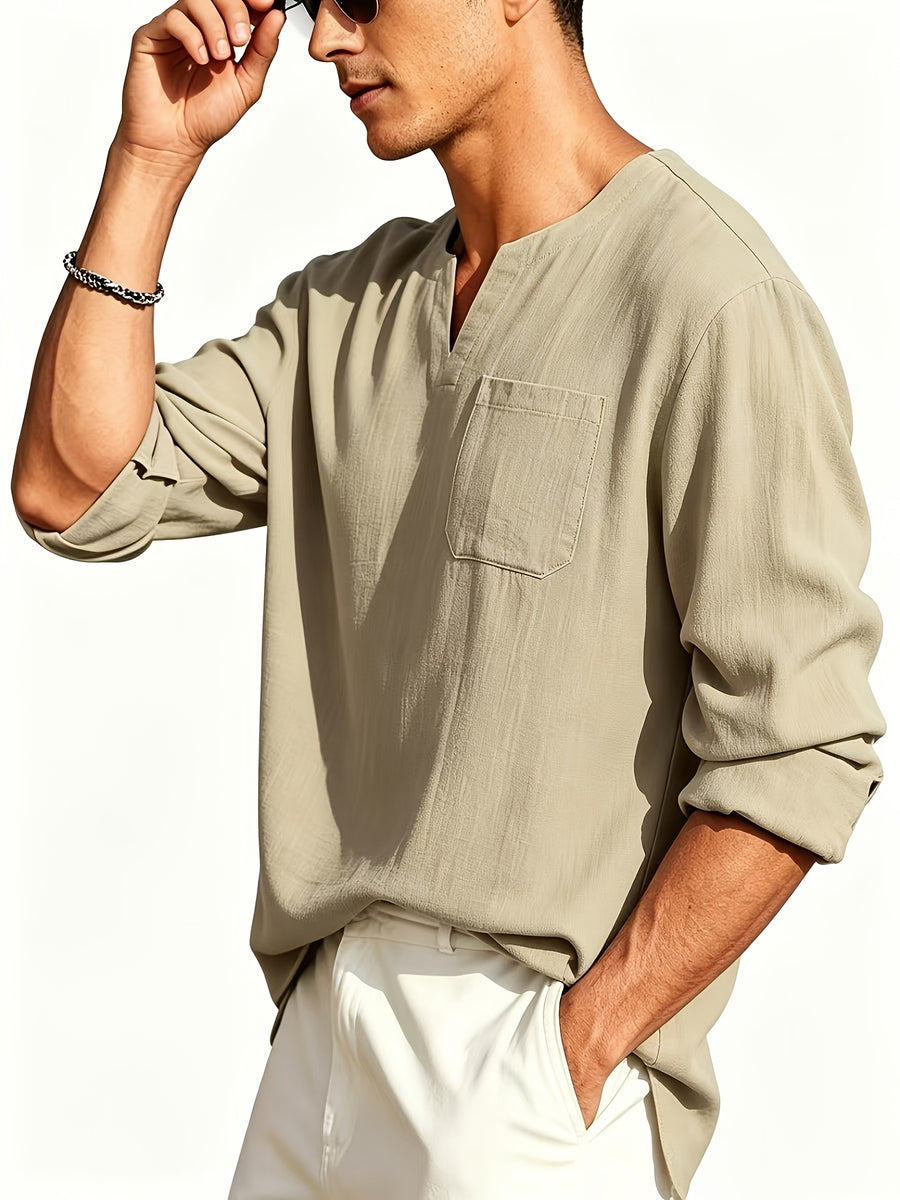 New Summer Solid Color Minimalist Men's Long-Sleeve Shirt, Youth T-Shirt, Trendy Zen-Inspired Shirt for Beach Vacations, V-Neck Loose Fit, Comfortable Casual Wear, Versatile - Apricot