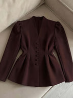Elegant Women's Puff Sleeve V-Neck Waist-Cinching Blazer, Single-Breasted Professional Commuter Top, Stylish Daily Casual Office Wear - Reddish Brown