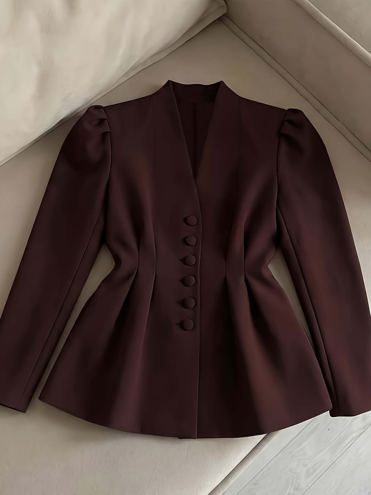 Elegant Women's Puff Sleeve V-Neck Waist-Cinching Blazer, Single-Breasted Professional Commuter Top, Stylish Daily Casual Office Wear - Reddish Brown