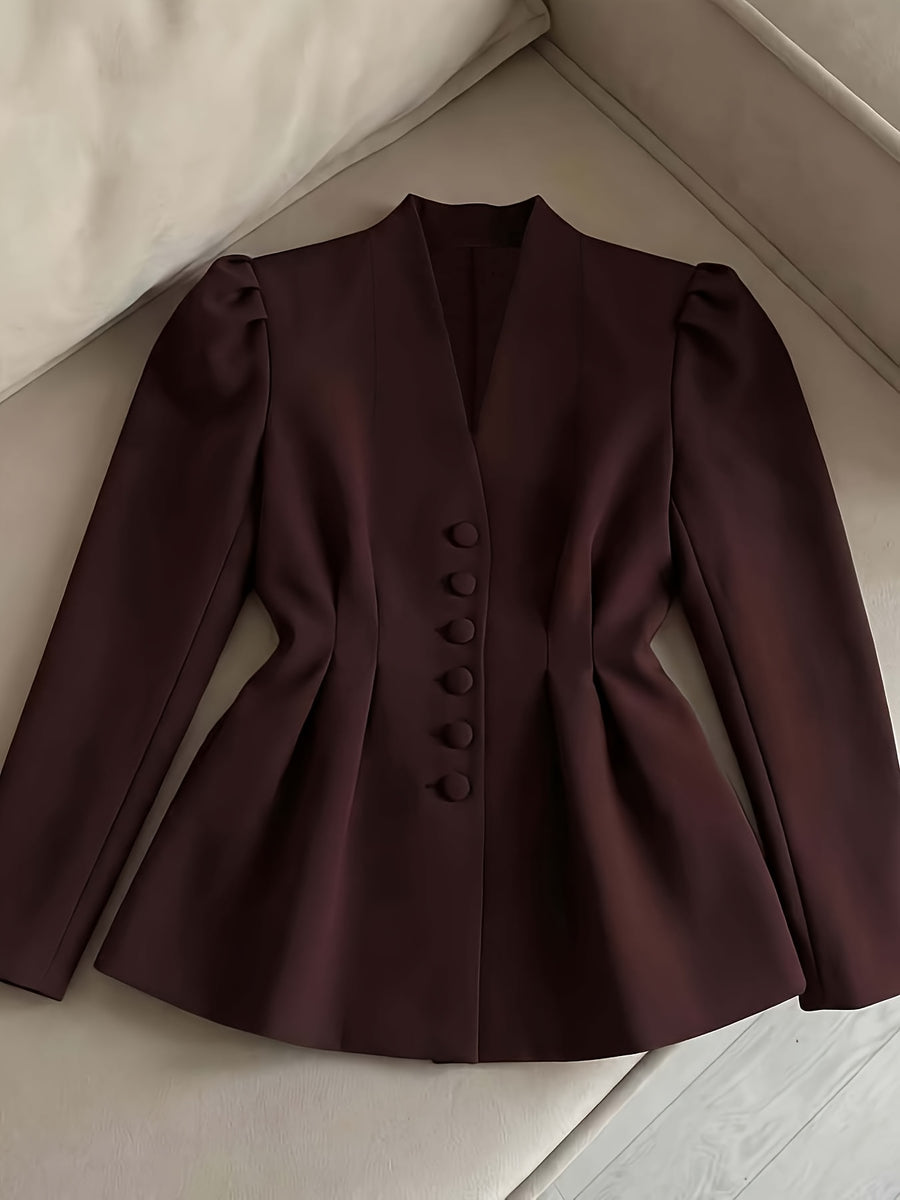 Elegant Women's Puff Sleeve V-Neck Waist-Cinching Blazer, Single-Breasted Professional Commuter Top, Stylish Daily Casual Office Wear - Reddish Brown