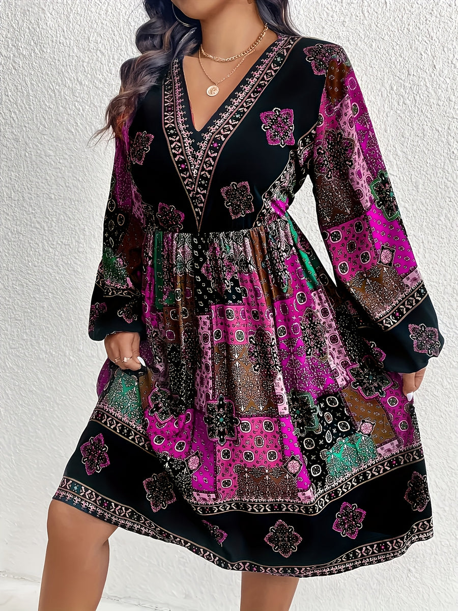 Plus Size - Plus Size - Bohemian Style Plus-Size V-Neck Lantern Sleeve Dress with Elegant Geometric Patterns - Rose Red