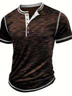 Men'S Summer Henley Shirt - Casual Short Sleeve, Button-Up, Gray & White Striped, Round Neck, Lightweight Polyester Blend, Perfect for Casual Attire, Casual Summer Wear | Striped Henley Shirt | Polyester Blend Shirt - Coffee Brown
