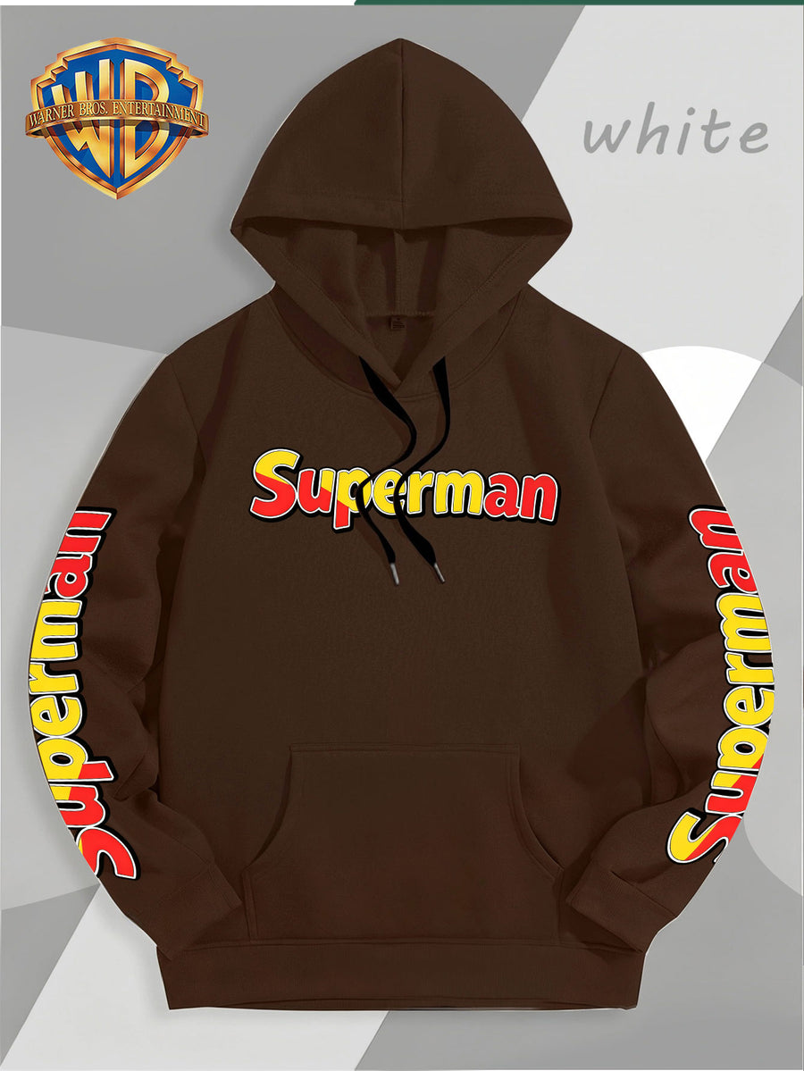 DC Superman Classic S Logo Print Hoodie American Casual Fall Winter Sweatshirt - Men'S Versatile Pullover, Cozy And Warm Fleece-Lined Top for Sports, Outdoor, Travel, Daily Wear, Commute, Home, Perfect Gift for Lovers And Friends - Unisex - Coffee Color