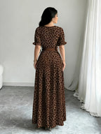 Holiday Gathering Vacation Dress Printed Dress Women'S Fashion Round Neck Short Puff Sleeve Skirt Design with Belt Waist-Cinching Long Dress Elegant Summer Dress ASD1 - Khaki