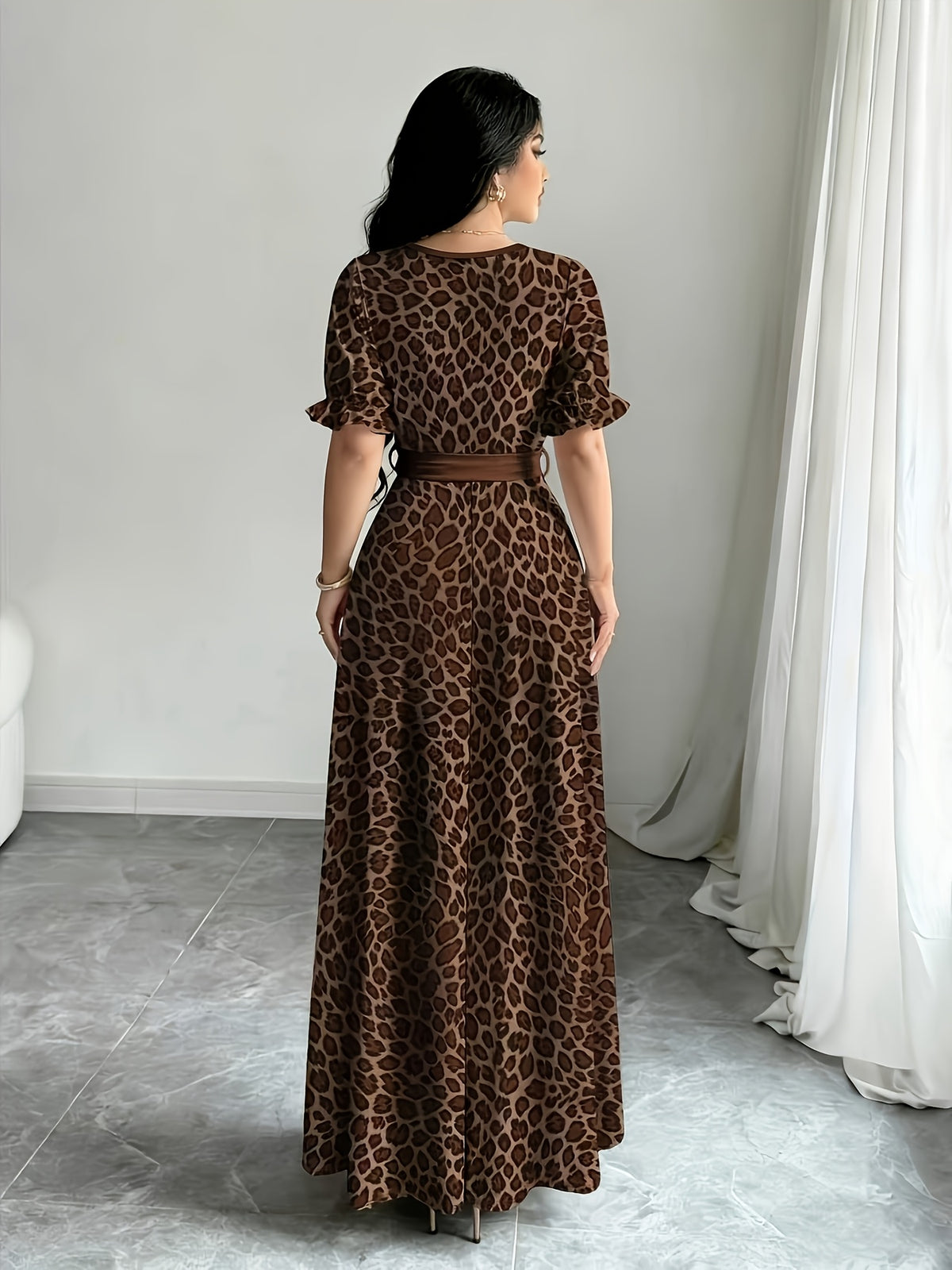 Holiday Gathering Vacation Dress Printed Dress Women'S Fashion Round Neck Short Puff Sleeve Skirt Design with Belt Waist-Cinching Long Dress Elegant Summer Dress ASD1 - Khaki