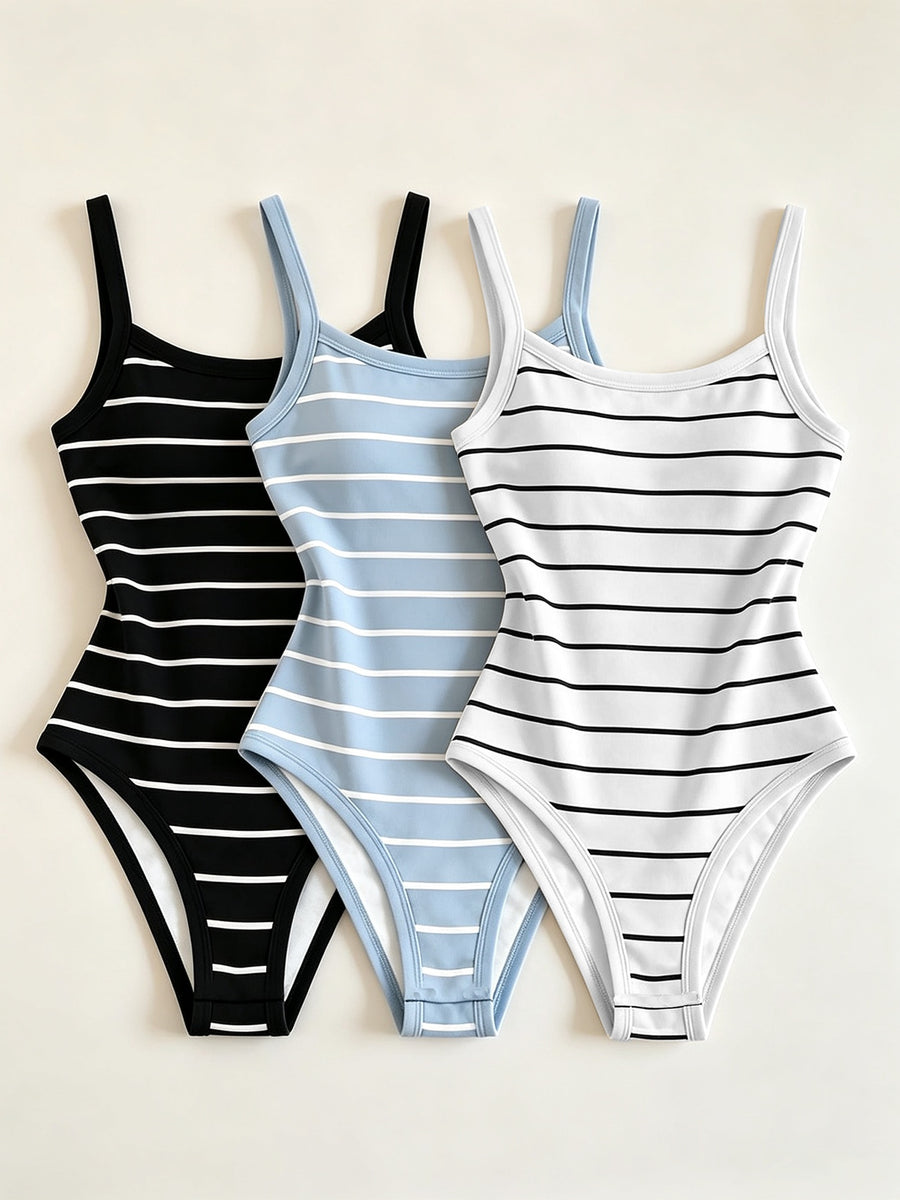 3pcs Women'S Elegant Boat Neck Striped Printed Cami Bodysuit, Backless Tight Bodysuit - Black+blue+white
