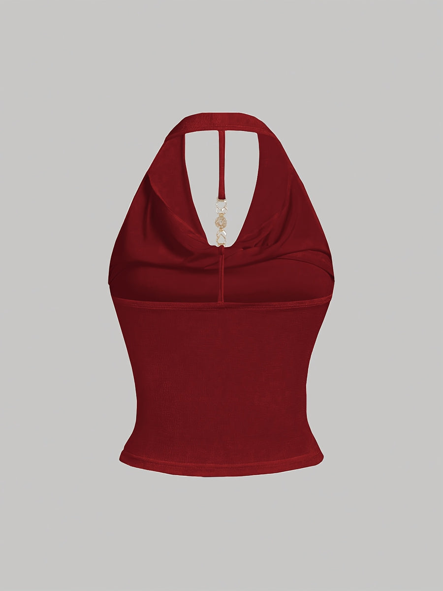 White Halter Neck Strapless Tank Top, Women's Solid Color Sexy Sleeveless Outerwear Top - Burgundy