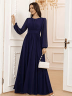 P373 French-Style Elegant, Dynamic, and Flowing A-Line Dress with Waist Cinching and Flared Hem, Suitable for Dates, Dinners, and Weddings, for Women and Bridesmaids - Navy Color