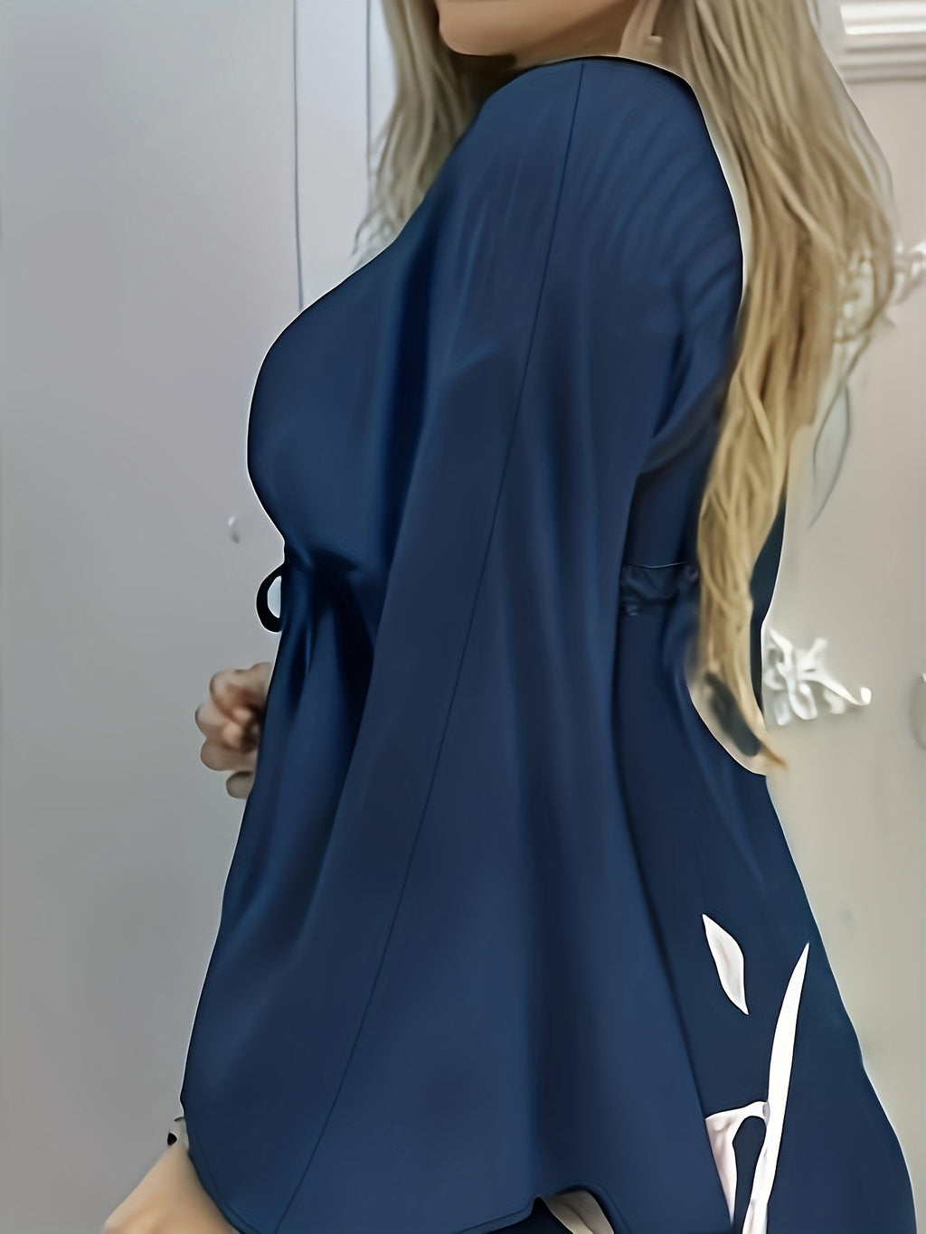 Spring And Summer New Women'S Hot Style Floral Print Tie-Up Vacation Casual Elegant Stylish V-Neck Dress - Navy Color