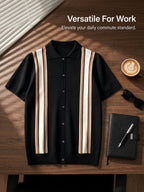 Retro Color-Block Vertical Stripe Men'S Knit Cardigan, Lapel Design Casual Date Versatile Short-Sleeve Top - Black