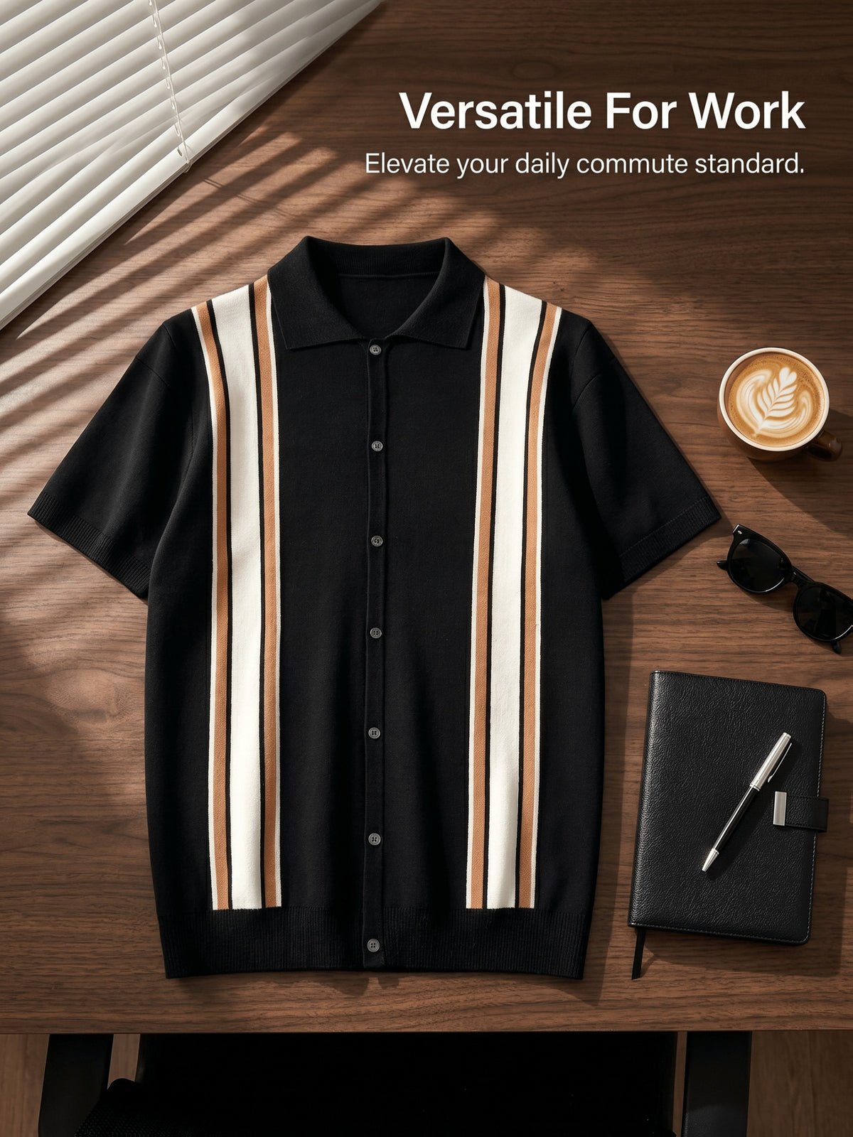 Retro Color-Block Vertical Stripe Men'S Knit Cardigan, Lapel Design Casual Date Versatile Short-Sleeve Top - Black