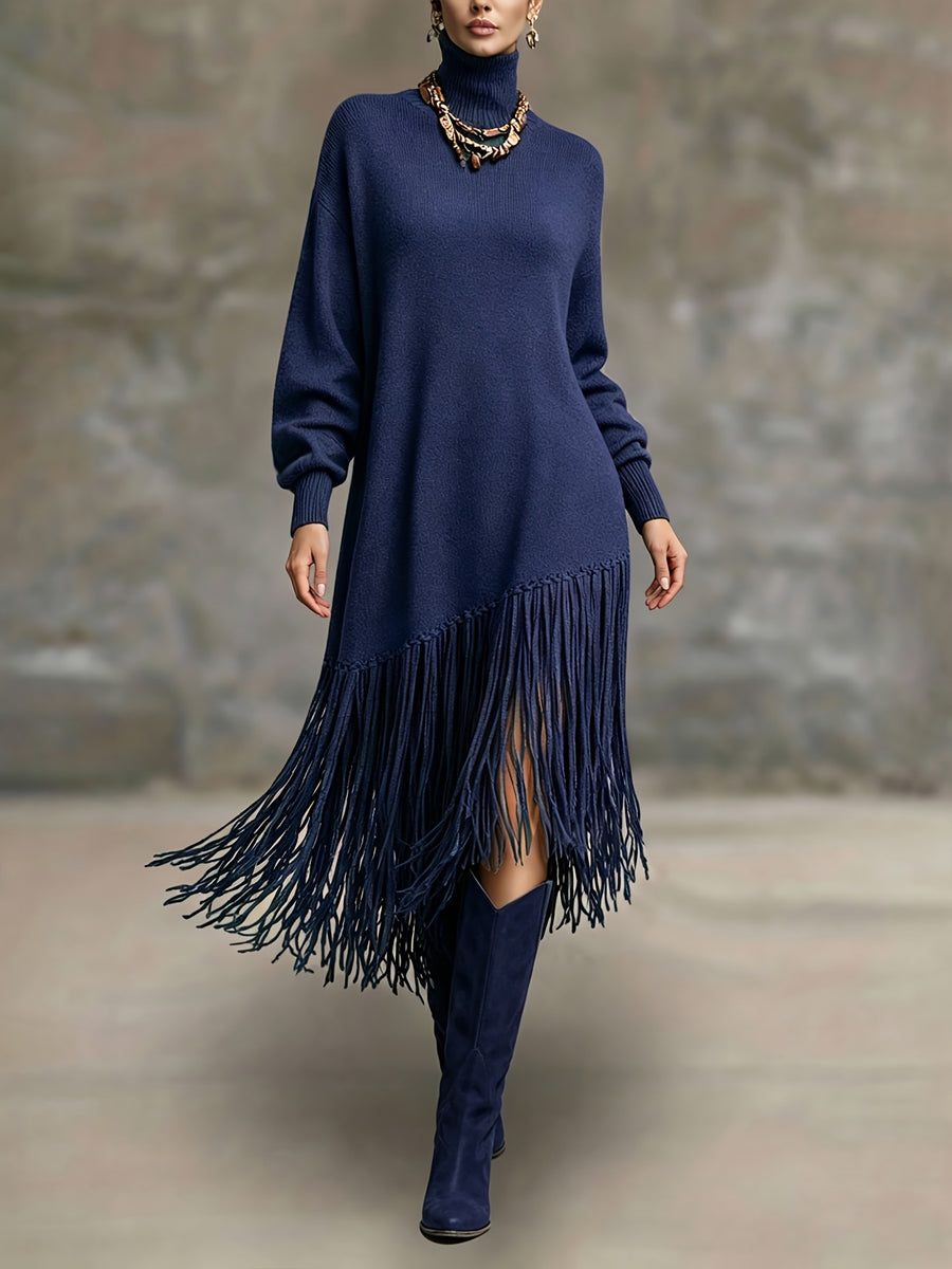 Women's Autumn New Arrival Bohemian Elegant Fringe Patchwork Hem Design St. Patrick's Day Natural Style Easter Atmosphere Vacation Knee-Length Dress - Navy Color
