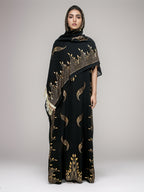 Middle Eastern Muslim Long Kaftan Dress with Tassel Headscarf Set, Elegant Round Neck Batwing Sleeve Dress, Women's Loose Shawl Cover-Up - Champagne