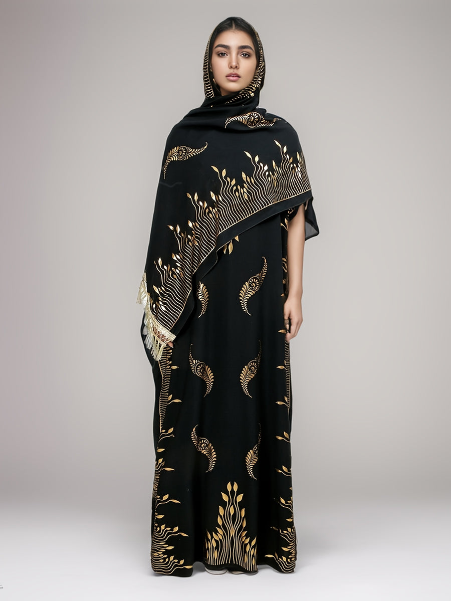 Middle Eastern Muslim Long Kaftan Dress with Tassel Headscarf Set, Elegant Round Neck Batwing Sleeve Dress, Women's Loose Shawl Cover-Up - Champagne