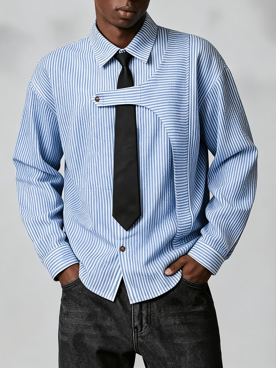 Men's Casual Striped Shirt with Detachable Tie, New Spring/Autumn Niche Design Lapel Long-Sleeve Shirt, Suitable for Daily Outings and Outdoor Commuting, Stylish and Versatile Casual Long-Sleeve Shirt - White And Blue Stripes