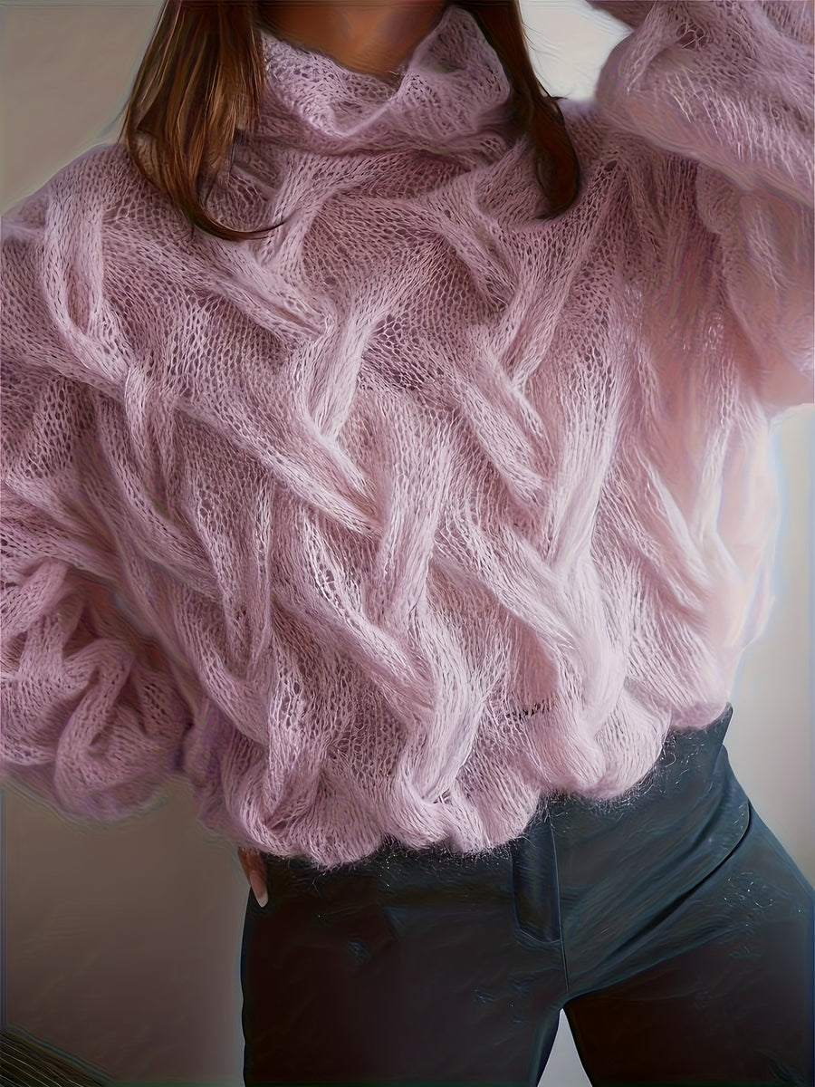 Valentine'S Day Festive Atmosphere Outfit for Women, Featuring a Lightweight, Sheer, Semi-Turtleneck Sweater with a Hollow Design, Perfect for a Relaxed, Soft, And Loose Style for Autumn And Winter - Light Purple