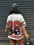 Women'S Top Casual Color-Block Striped Letter And Number Print Short Sleeve Women'S T-Shirt - Red