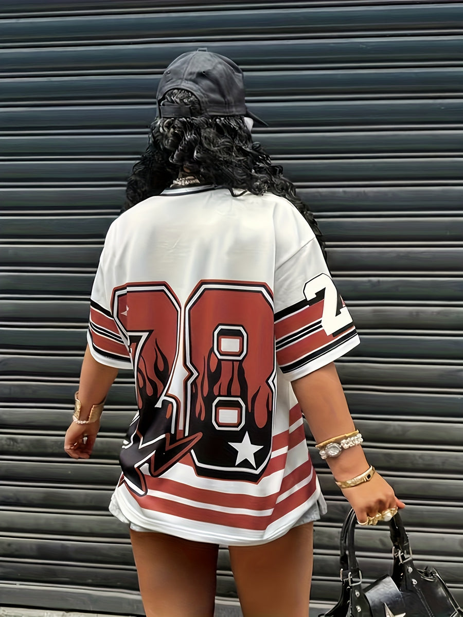 Women'S Top Casual Color-Block Striped Letter And Number Print Short Sleeve Women'S T-Shirt - Red