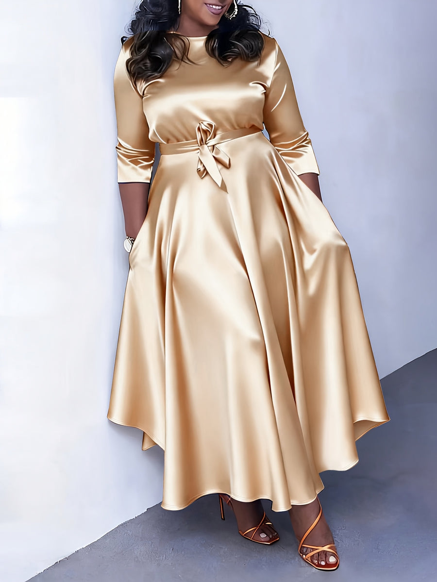 Western Fashion Temperament Solid Round Neck Tie-Up Three-Quarter Sleeve Dress - Apricot