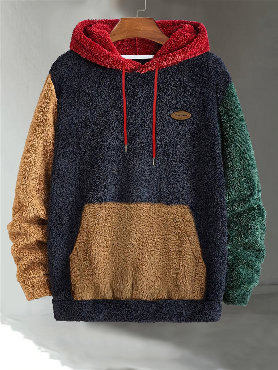 Men's Multi-Color Plush Hooded Sweatshirt with Contrast Patch Embroidery, Warm Autumn/Winter Hoodie with Drawstring - Navy Color