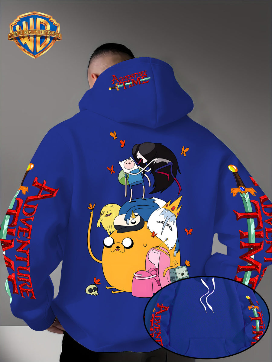 Warner Bros. Men's Adventure Time Full Cast Themed Trendy Fashion Pullover Hoodie with Family Portrait Character Print - Multicolor-Blue
