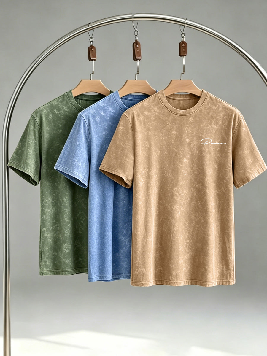 High Street Distressed Short Sleeve Three-pc Crew Neck T-Shirts for Men, Slim Fit, Casual, for Layering or Wearing Outdoors, Basic Tees - Green + Light Blue + Khaki
