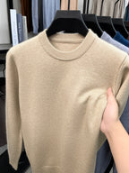 [Wading Whale OBM] 1pc Spring/Autumn New Men'S Knit Pullover Sweater, Old Money Style Solid Color Striped Round Neck Long Sleeve Knit Pullover for Men, Business Casual Fashion Striped Sweater, Suitable for Spring, Autumn - Khaki