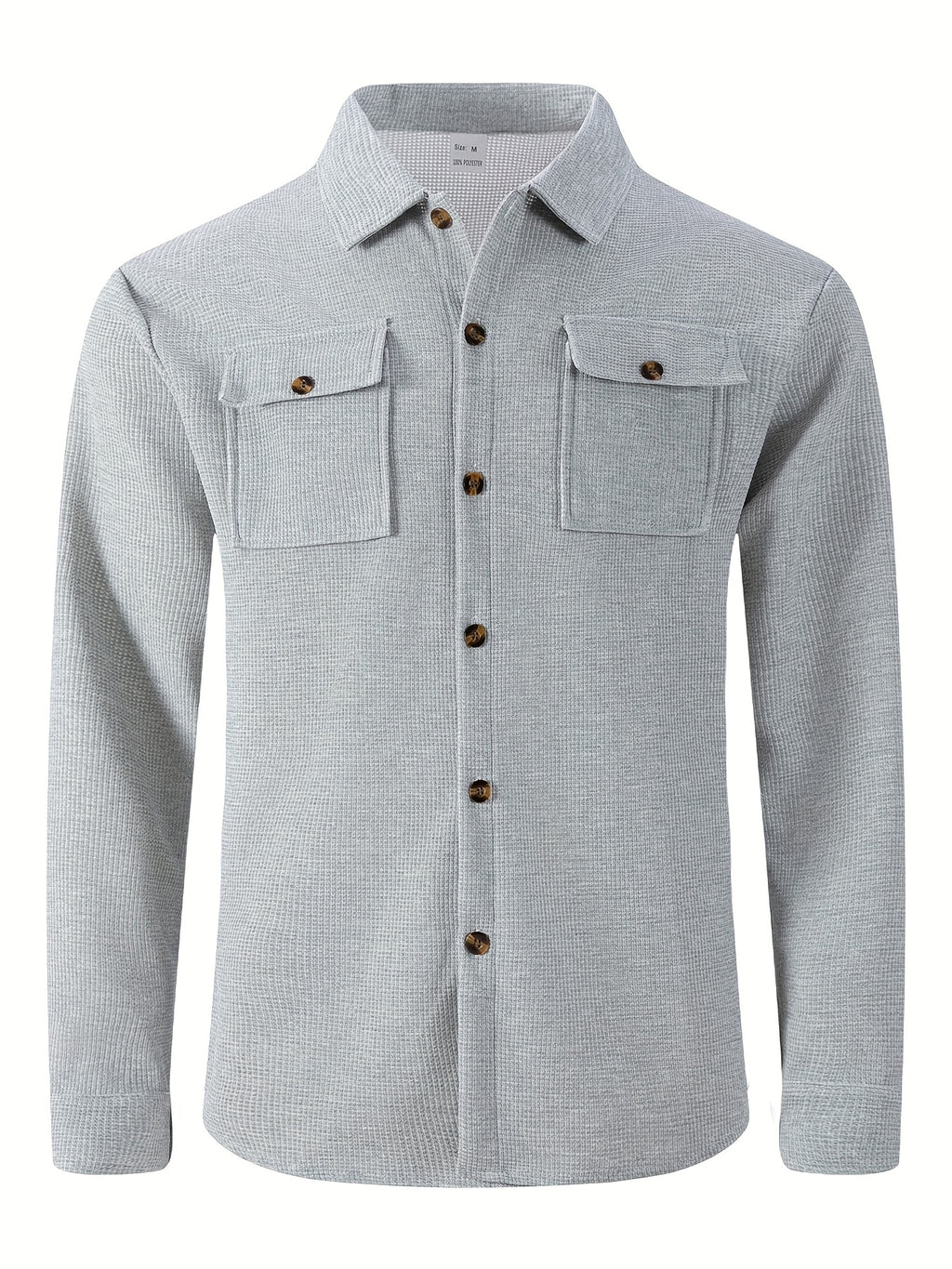 Men'S Waffle Knit Long Sleeve Button-Up Shirt, Casual Lapel Workwear with Chest Pocket, Lightweight And Breathable Daily Top, Autumn Menswear - Grey