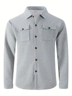 Men'S Waffle Knit Long Sleeve Button-Up Shirt, Casual Lapel Workwear with Chest Pocket, Lightweight And Breathable Daily Top, Autumn Menswear - Grey