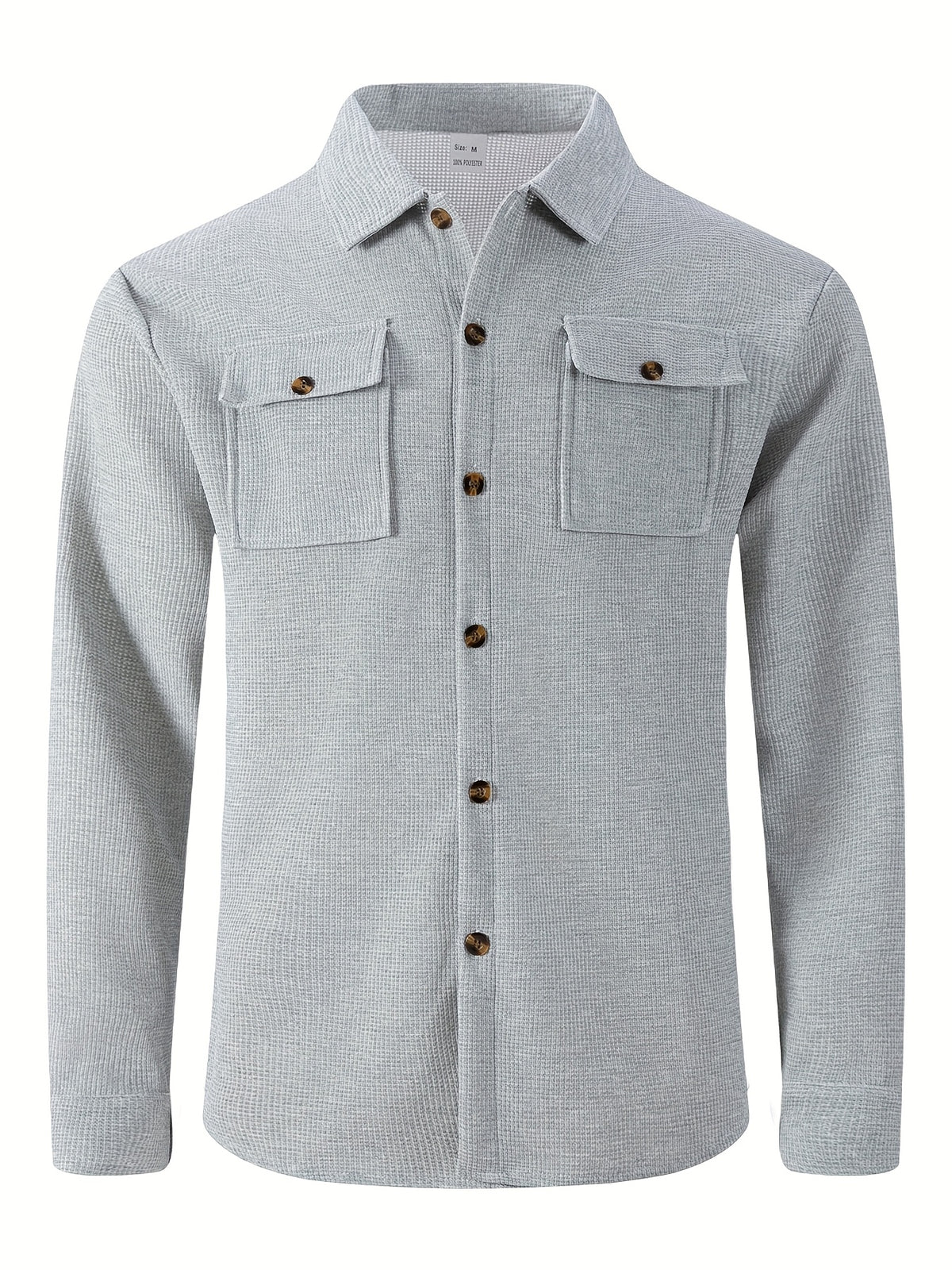 Men'S Waffle Knit Long Sleeve Button-Up Shirt, Casual Lapel Workwear with Chest Pocket, Lightweight And Breathable Daily Top, Autumn Menswear - Grey