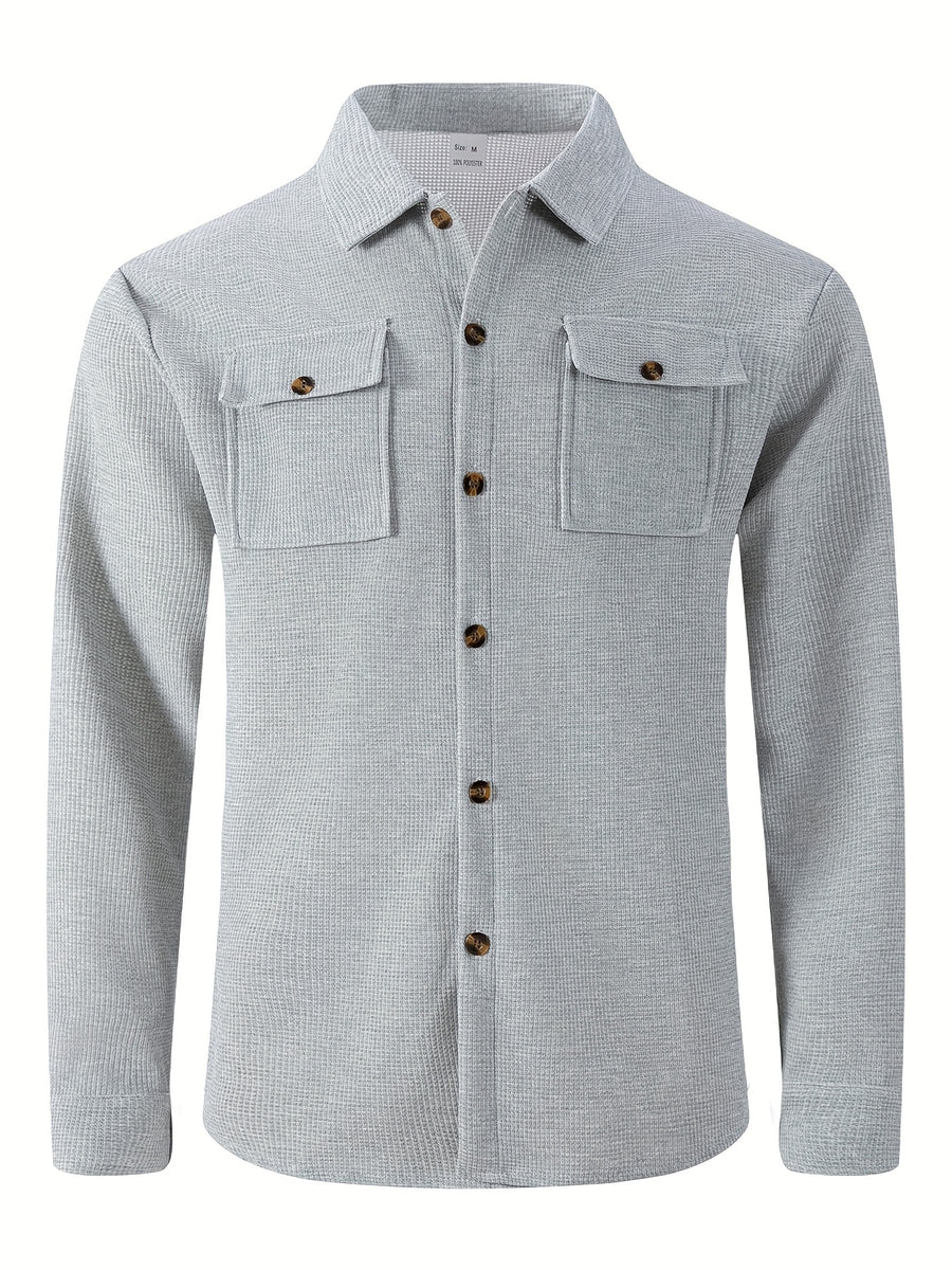 Men'S Waffle Knit Long Sleeve Button-Up Shirt, Casual Lapel Workwear with Chest Pocket, Lightweight And Breathable Daily Top, Autumn Menswear - Grey