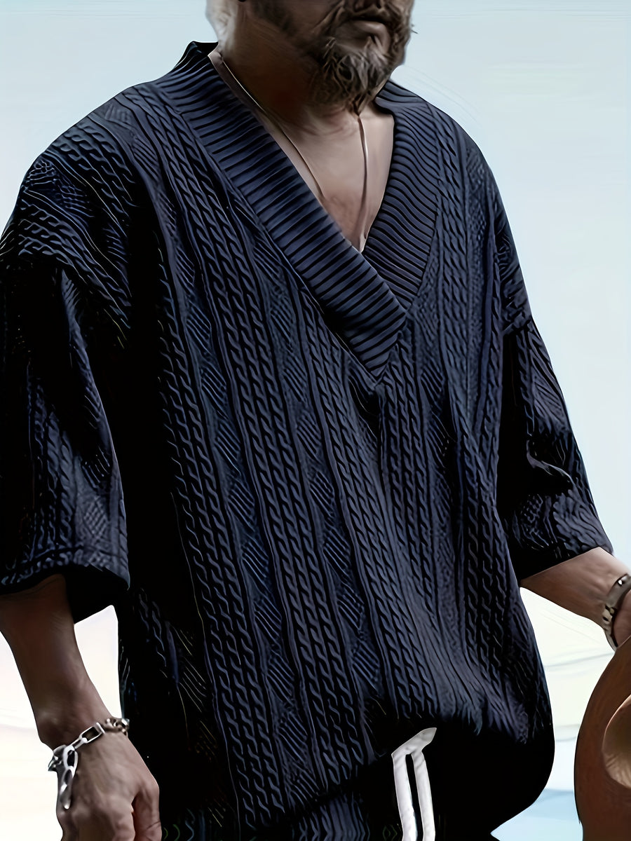 Men's Casual and Comfortable Outdoor Daily Sports Simple and Fashionable Youth High-quality Handsome American Versatile Knitted T-shirt Men's Summer Loose V-neck Sports Solid Color T-shirt Men - Navy Color