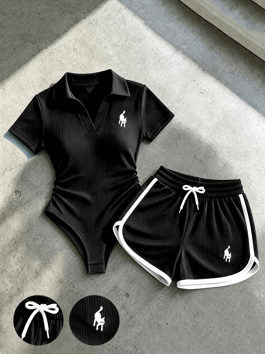 Casual and Elegant Women's Clothing, New Summer Outfit, Solid Color V-neck Short-sleeve Bodysuit & Drawstring Fitted Shorts with Embroidery and Contrasting Color Trim, 2pcs Women's Pants Set, Suitable for Home, Leisure, Outings, Afternoon Tea - Black