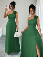 New Summer Women's Off-Shoulder Rose-Embellished Long Dress with Waist-Defining Slit, Elegant One-Shoulder Design, Mature Style for Dates and Banquets - Dark Green