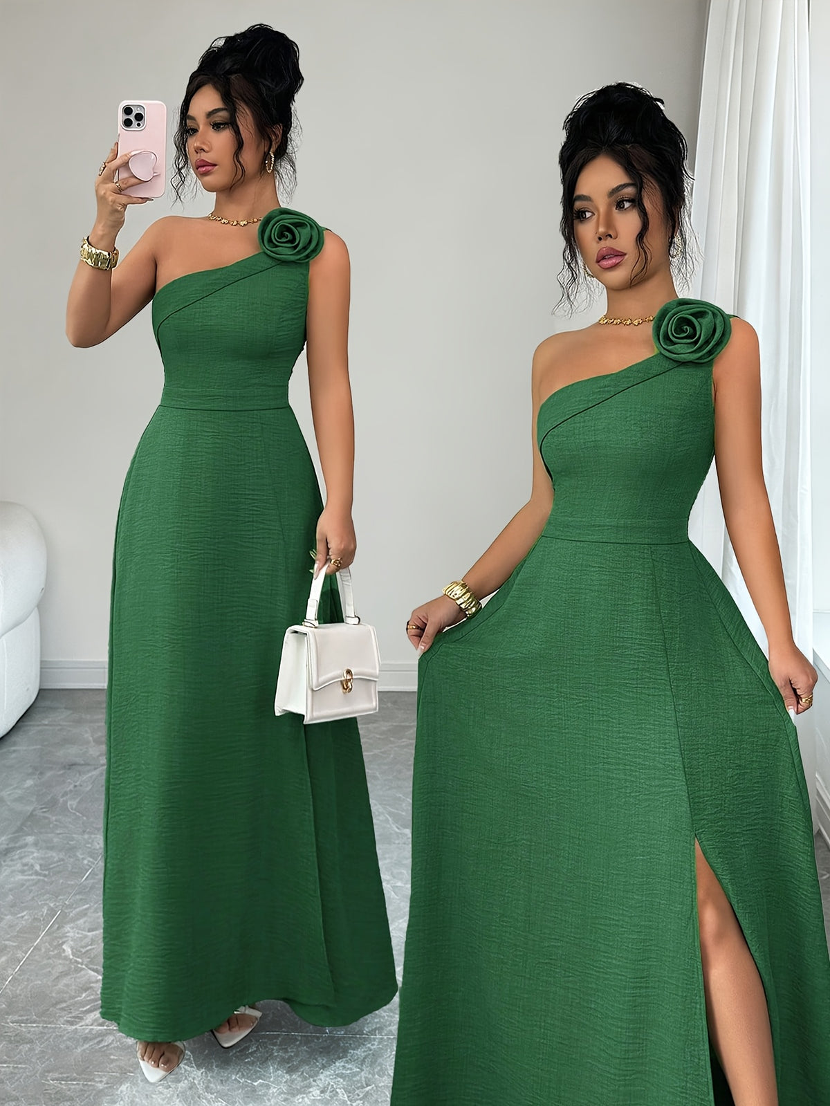 New Summer Women's Off-Shoulder Rose-Embellished Long Dress with Waist-Defining Slit, Elegant One-Shoulder Design, Mature Style for Dates and Banquets - Dark Green