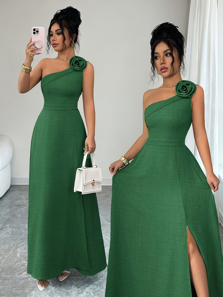 New Summer Women's Off-Shoulder Rose-Embellished Long Dress with Waist-Defining Slit, Elegant One-Shoulder Design, Mature Style for Dates and Banquets - Dark Green