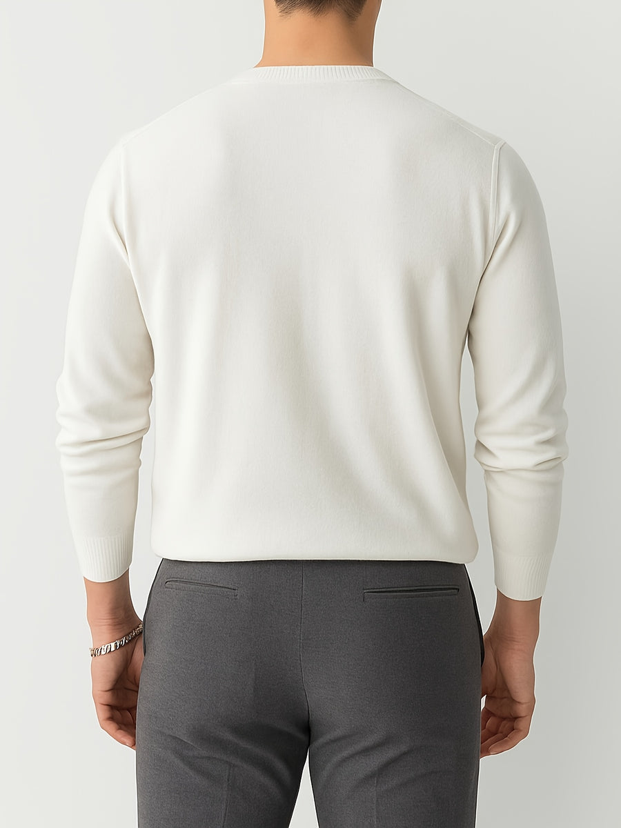 Autumn and Winter Basic Men's V-Neck Knit Sweater, Versatile Daily Commute Top - White