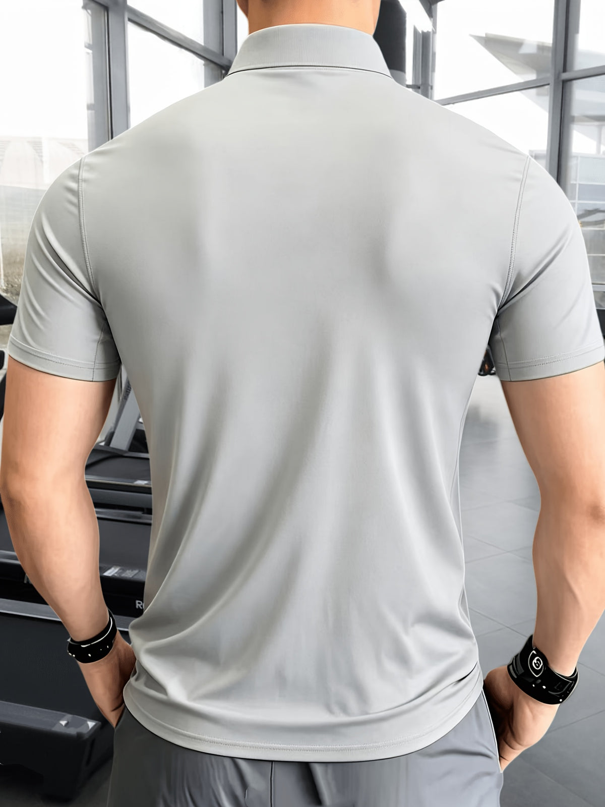 Men'S Muscular Fitness High-Elastic Training Quick-Dry Fitness Wear, Individual Print Patterns, Slim Fit Summer Casual Short Sleeve Shirt T-Shirt - Breathable Elastic Fabric, Stand-Up Collar Design with Open Chest Zipper - Light Grey