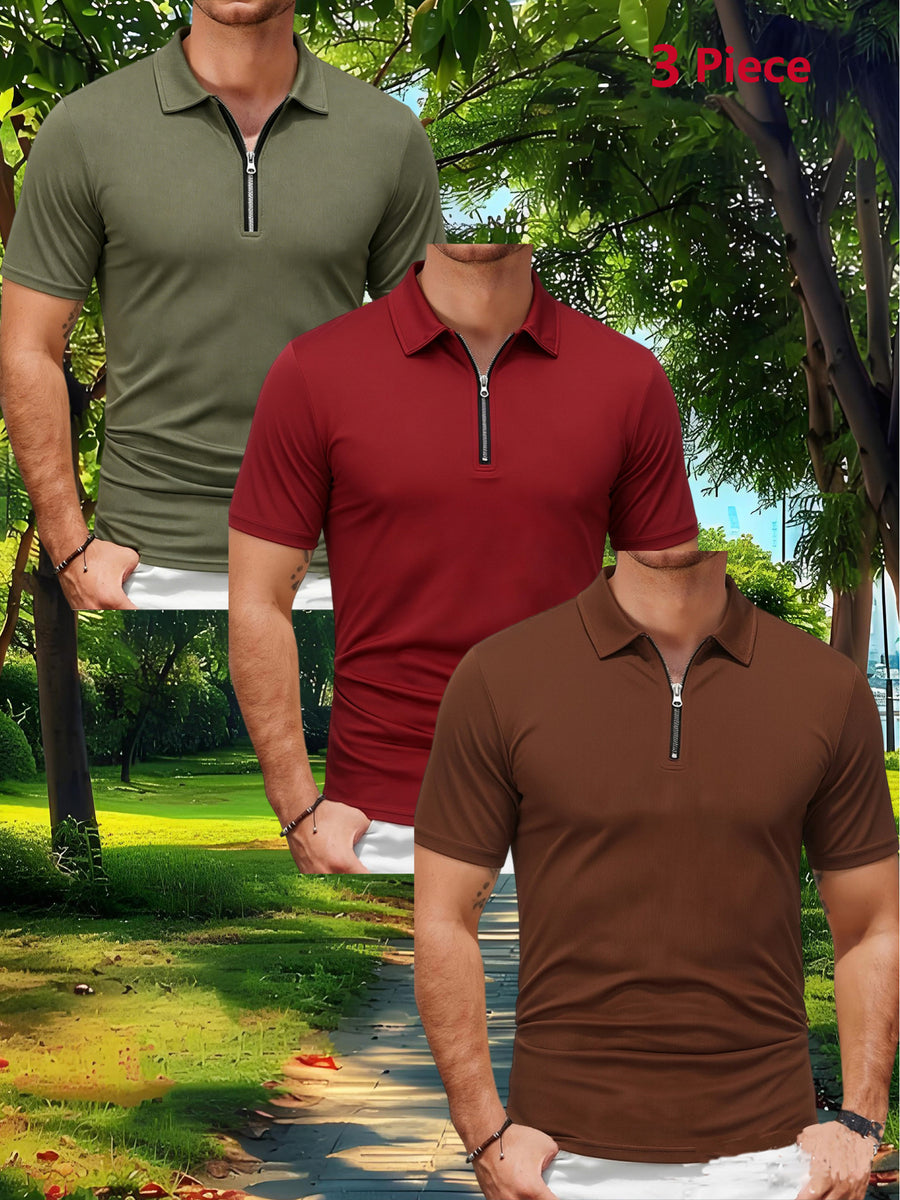 Three-pc Men's Sporty Outdoor Casual Lapel Solid Color Breathable Polo Shirts for High-End Occasions - Army Green + Red + Coffee Brown