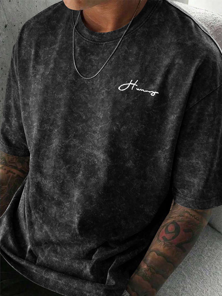 Minimalist Letter Pattern Short Sleeve, Outdoor Street Style Men'S Distressed T-Shirt - Black