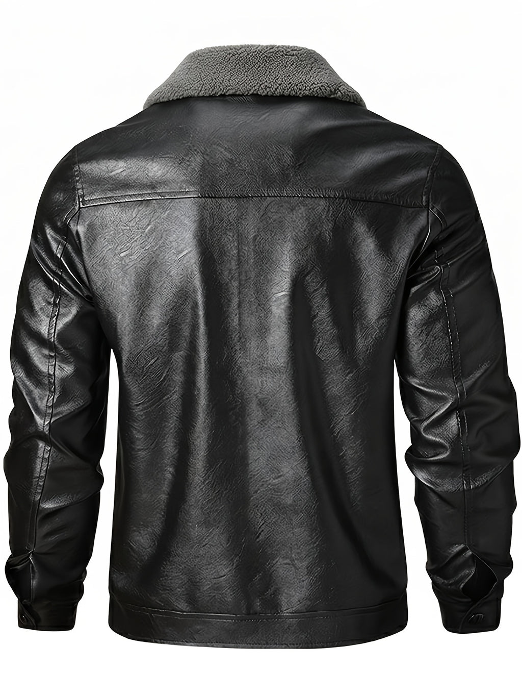 [Pearson OBM] Autumn Winter Men'S Faux Leather Jacket Fleece Thickened Lapel Coat Casual Top Warm Zippered Faux Leather Coat - Black