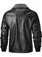 [Pearson OBM] Autumn Winter Men'S Faux Leather Jacket Fleece Thickened Lapel Coat Casual Top Warm Zippered Faux Leather Coat - Black