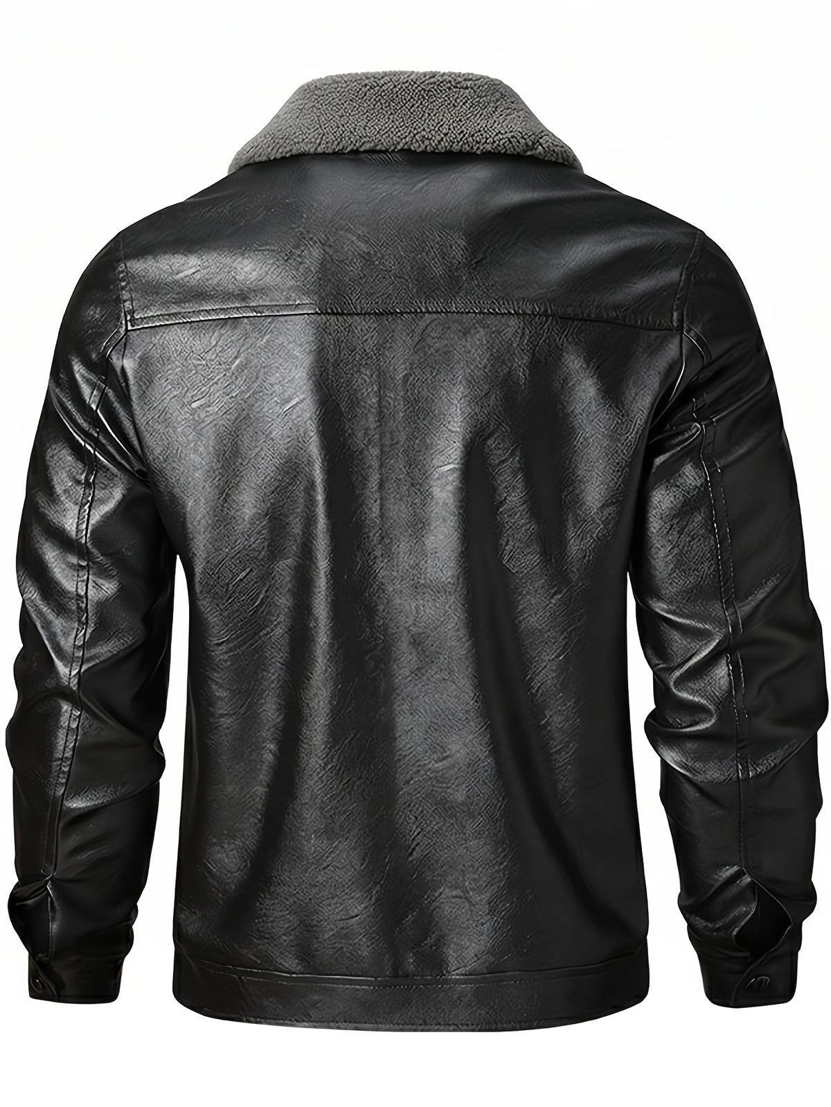 [Pearson OBM] Autumn Winter Men'S Faux Leather Jacket Fleece Thickened Lapel Coat Casual Top Warm Zippered Faux Leather Coat - Black