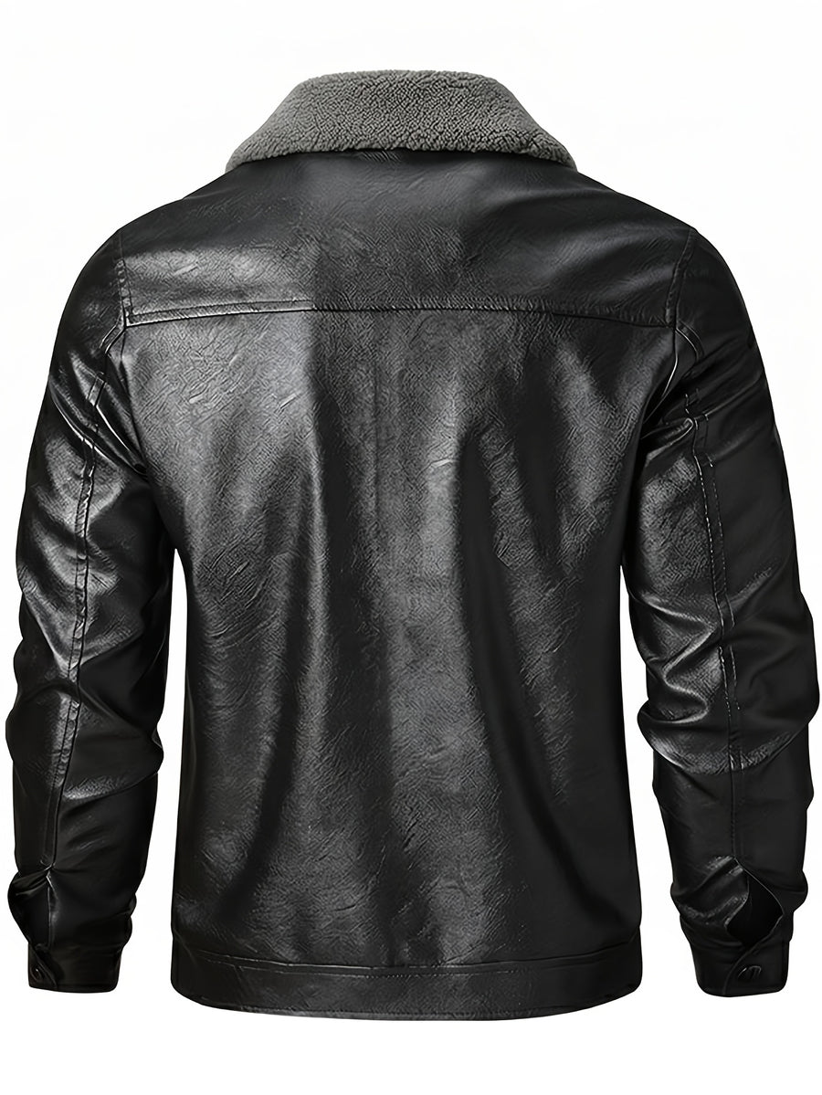 [Pearson OBM] Autumn Winter Men'S Faux Leather Jacket Fleece Thickened Lapel Coat Casual Top Warm Zippered Faux Leather Coat - Black