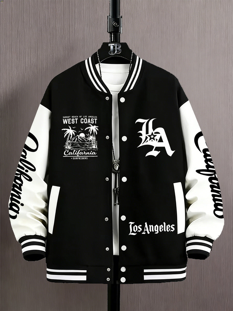 Men'S Trendy Baseball Jacket - LA WEST COAST Pattern - Contrast Sleeve Style - Button Closure And Stretch Fabric All-Season Versatile Comfortable Outerwear - Ideal for Outings, Travel, Friends Gatherings, And Commuting, Loose Fit Machine Washable - Black