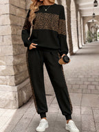Ms. Emily Rose'S Long-Sleeve Houndstooth Patchwork Sweatshirt And Long Pants Two-Piece Set for Spring And Autumn - Black + Leopard Print
