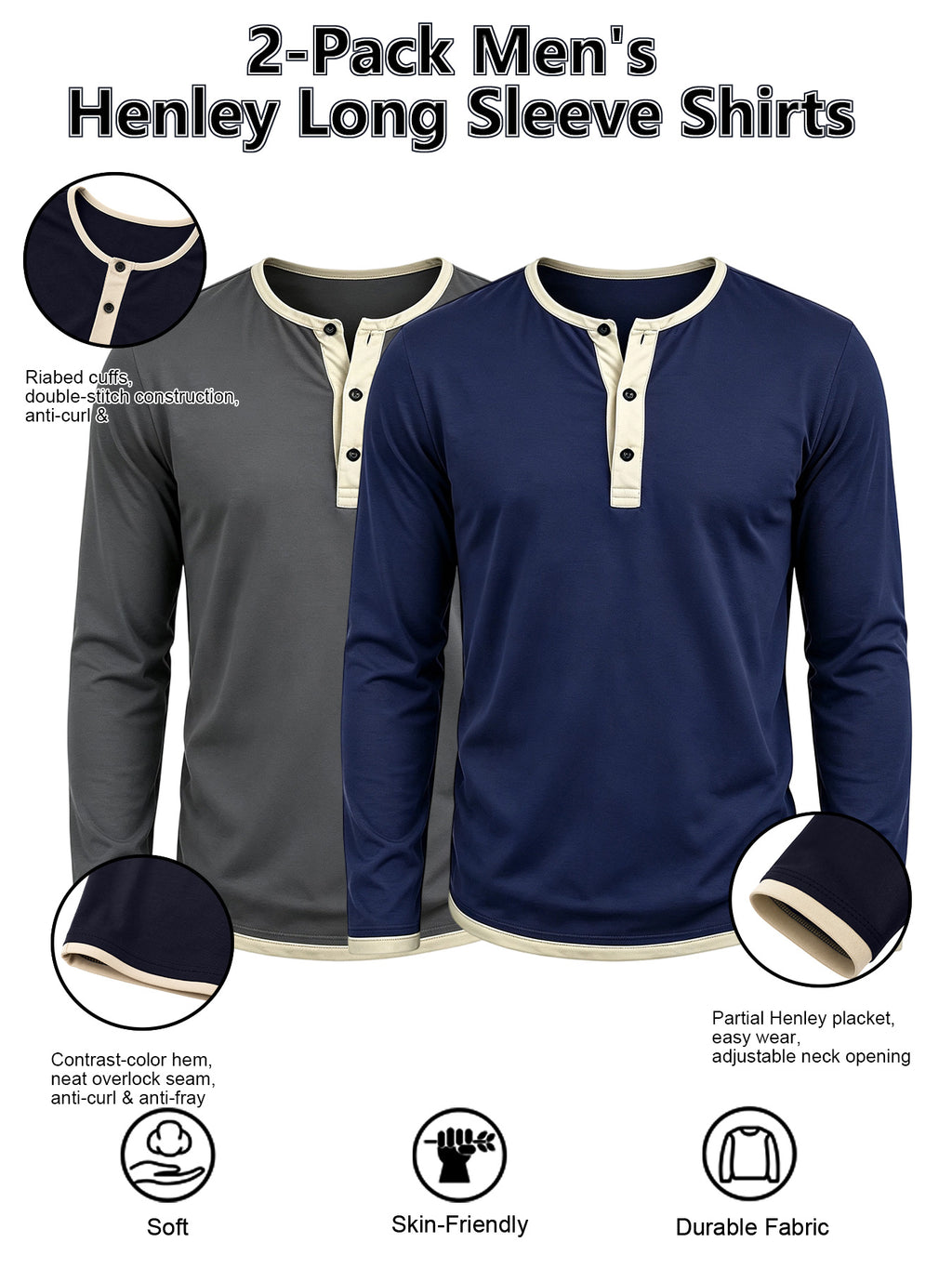 2pcs Men's Long Sleeve Henley Shirt, Versatile T-Shirt for Spring, Summer, and Autumn, Vacation and Streetwear, Half-Button Crew Neck Design, Soft, Comfortable, and Durable Knitted Fabric, Regular Fit, Solid Color, Suitable for Outdoor Leisure - Navy Blue+Dark Grey