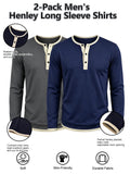 2pcs Men's Long Sleeve Henley Shirt, Versatile T-Shirt for Spring, Summer, and Autumn, Vacation and Streetwear, Half-Button Crew Neck Design, Soft, Comfortable, and Durable Knitted Fabric, Regular Fit, Solid Color, Suitable for Outdoor Leisure - Navy Blue+Dark Grey