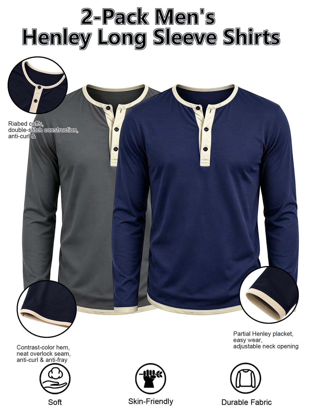 2pcs Men's Long Sleeve Henley Shirt, Versatile T-Shirt for Spring, Summer, and Autumn, Vacation and Streetwear, Half-Button Crew Neck Design, Soft, Comfortable, and Durable Knitted Fabric, Regular Fit, Solid Color, Suitable for Outdoor Leisure - Navy Blue+Dark Grey